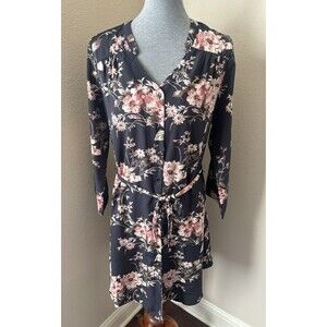 41 Hawthorne Size Large Black Floral Print Tie-Waist 3/4 Sleeve Tunic Dress